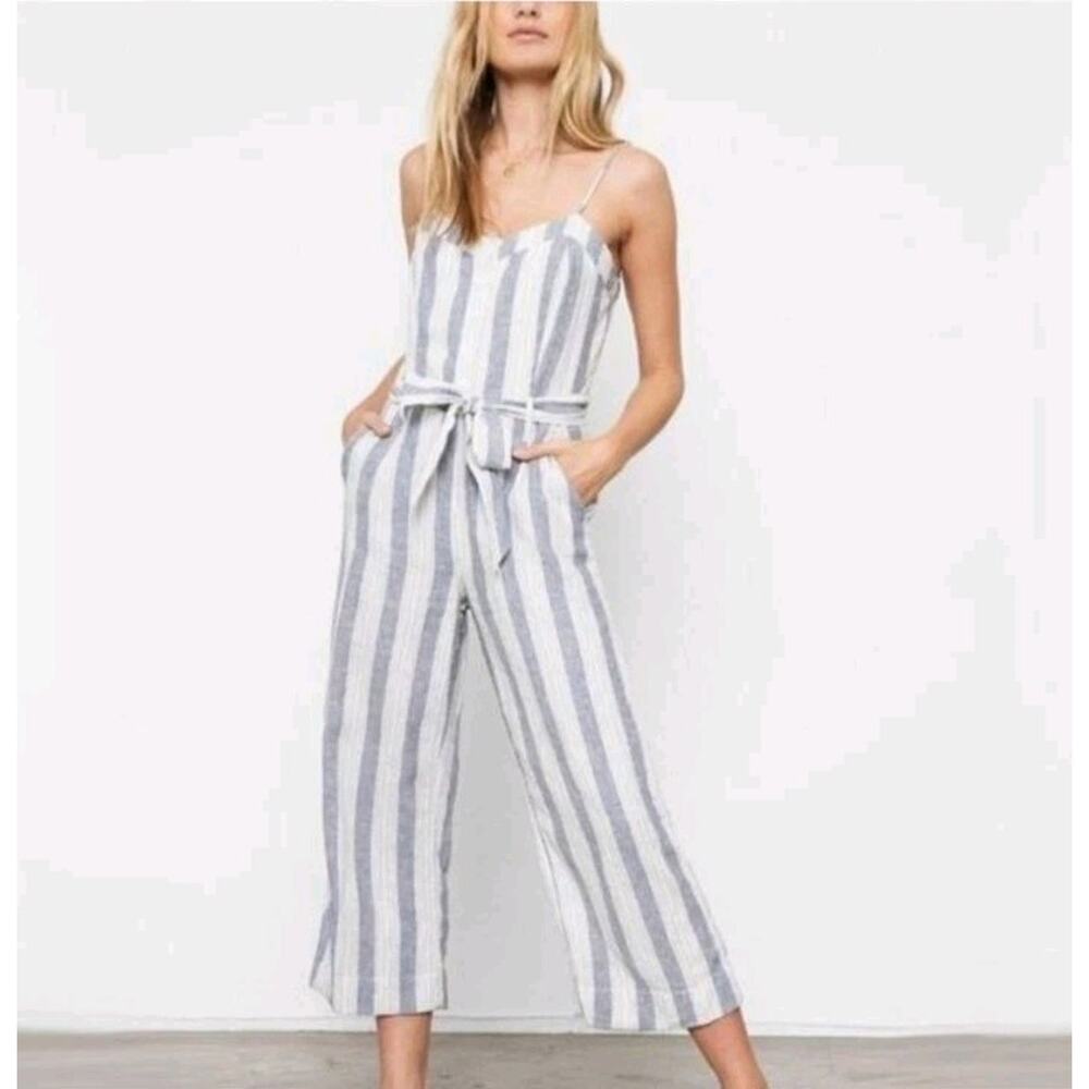 Rails Harper Linen Blend Jumpsuit In Stripes Size L White Gray Coastal Cruise